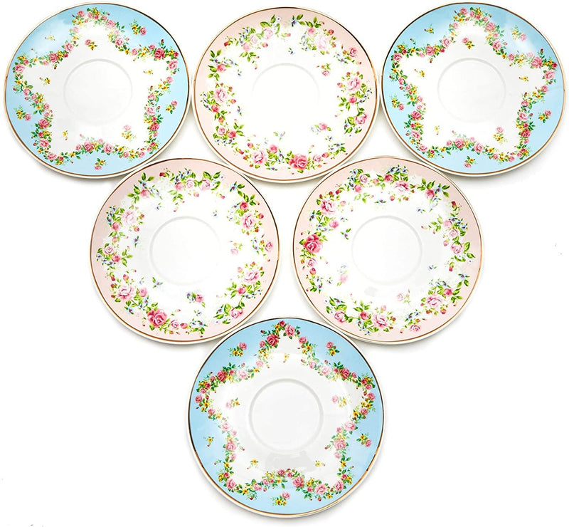 Set of 6 Vintage Floral Tea Cups and Saucers for Tea Party Supplies (Blue, Pink, 8oz)