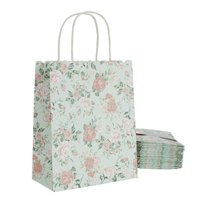 24-Pack Floral Gift Bags, 8x4x10-Inch Medium Size Gift Bags with Handles, Paper Bags with Colorful Rose Flower Print (Green)