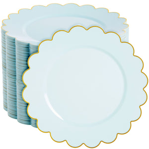 50-Pack Baby Blue Disposable Plates - Scalloped Plastic Plates with Gold Foil Rim for Birthday Party, Baby Shower (9 In)