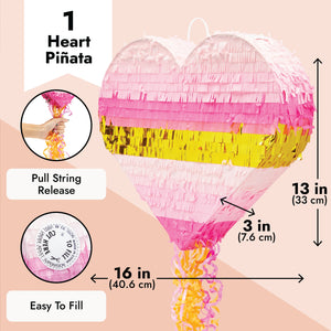 Pink Pull String Heart Pinata for Girls Birthday Party Decorations, Pink and Gold Ombre Design, Small, 16 x 13 x 3 In
