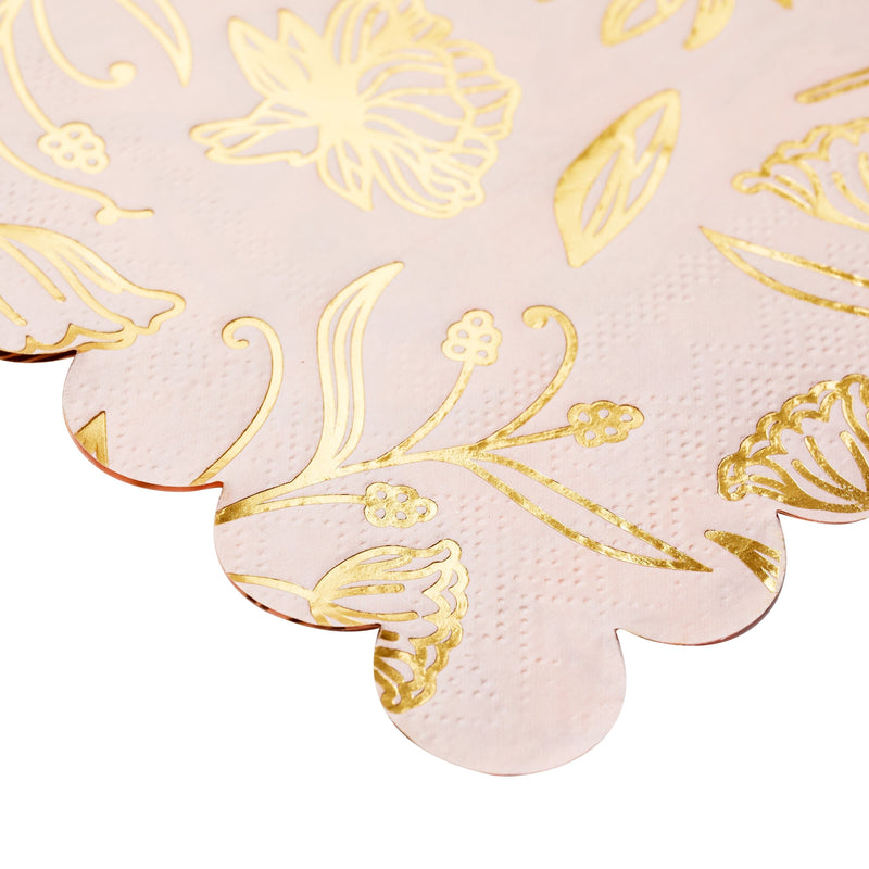 50-Pack Pink Paper Napkins with Gold Foil Floral Design and Scalloped Edges for Weddings, Baby Showers, and Bridal Showers (3-Play, 5x5 in)