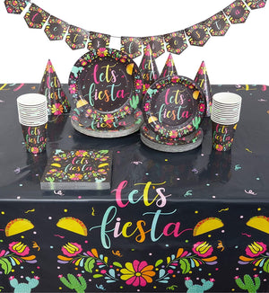 122 Piece Let's Fiesta Dinnerware Set with Cone Hats and Banner for Cinco De Mayo (Serves 24)