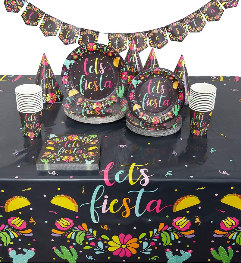 122 Piece Let's Fiesta Dinnerware Set with Cone Hats and Banner for Cinco De Mayo (Serves 24)