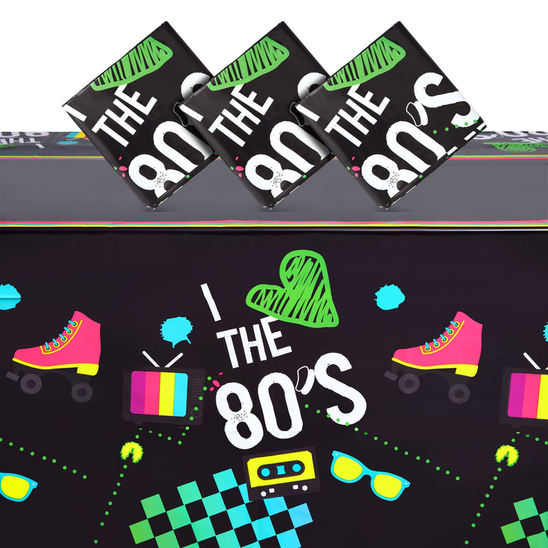 3 Pack I Love the 80s Tablecloth, Retro 1980s Table Covers for Birthday Party (Black, 54 x 108 In)