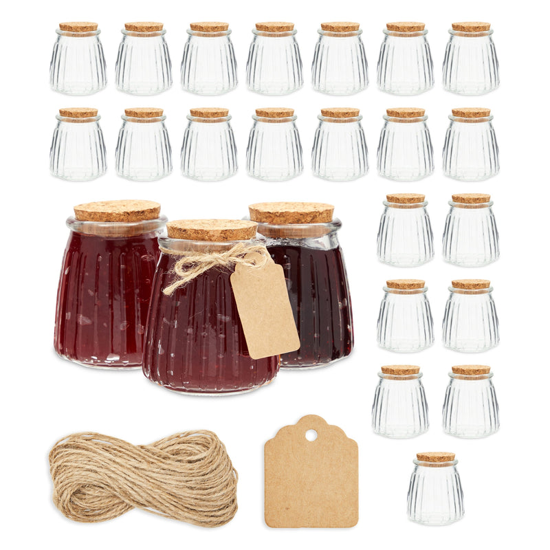 24 Pack 4oz Small Glass Jars with Lids, Hang Tags, Jute String for Homemade Honey, Jam and Jelly