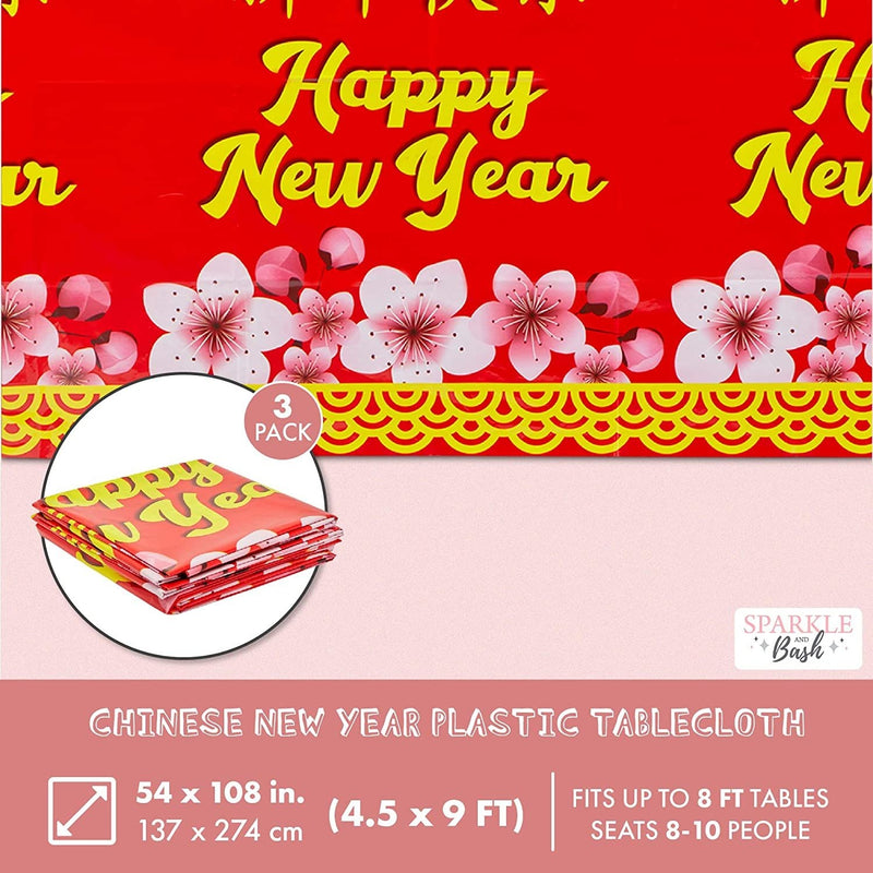 Chinese New Year Plastic Tablecloth with Cherry Blossoms (54x108 in, 3 Pack)