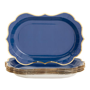 24 Pack Metallic Blue Party Serving Trays with Scalloped Gold Foil Edge (13 x 9 in)