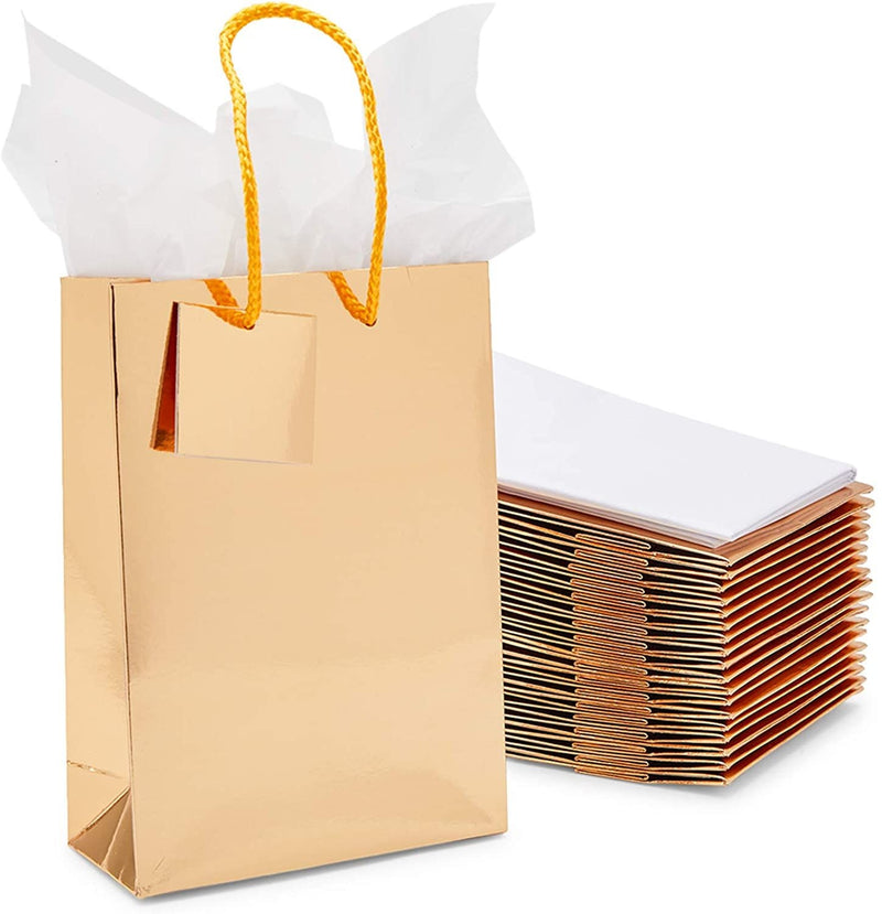 20 Pack Small Gold Party Favor Paper Gift Bags Bulk with Handles and Tissue Paper for Birthday