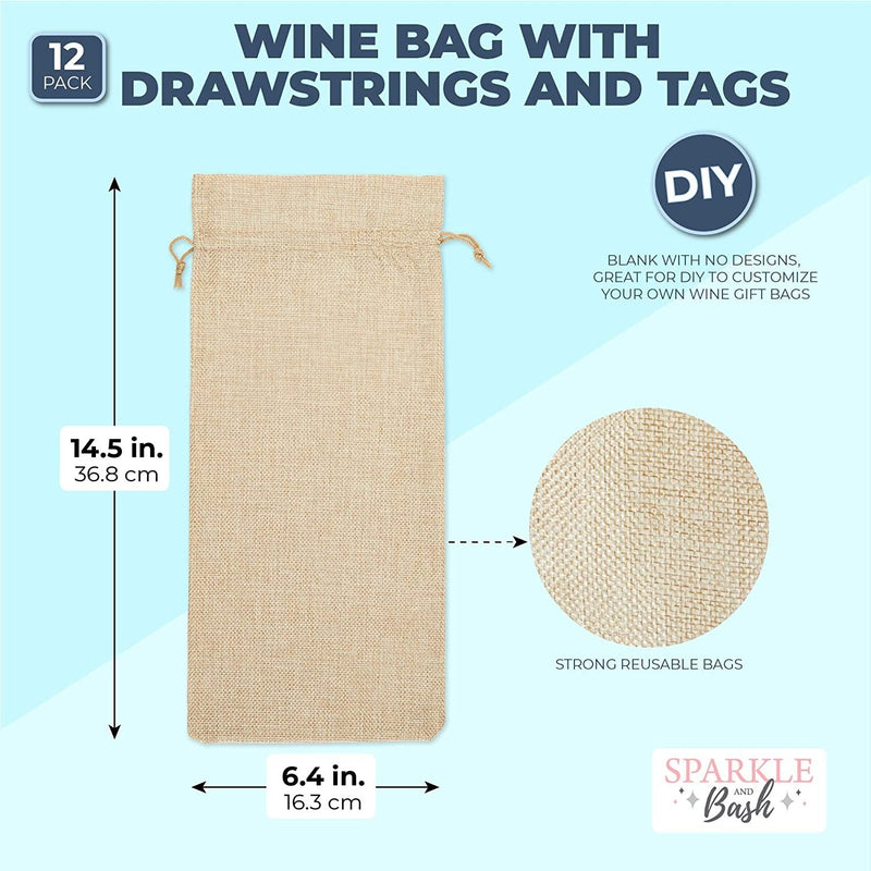 12 Pack Burlap Wine Bottle Gift Bags, Brown Reusable Drawstring Covers with Tags for Holiday, Birthday & House Warming, 14 x 6 in