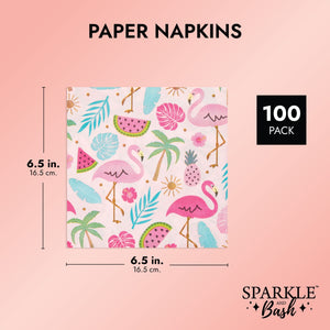 100 Pack Pink Flamingo Cocktail Napkins, Tropical Luau Birthday Party Supplies (6.5 x 6.5 in)