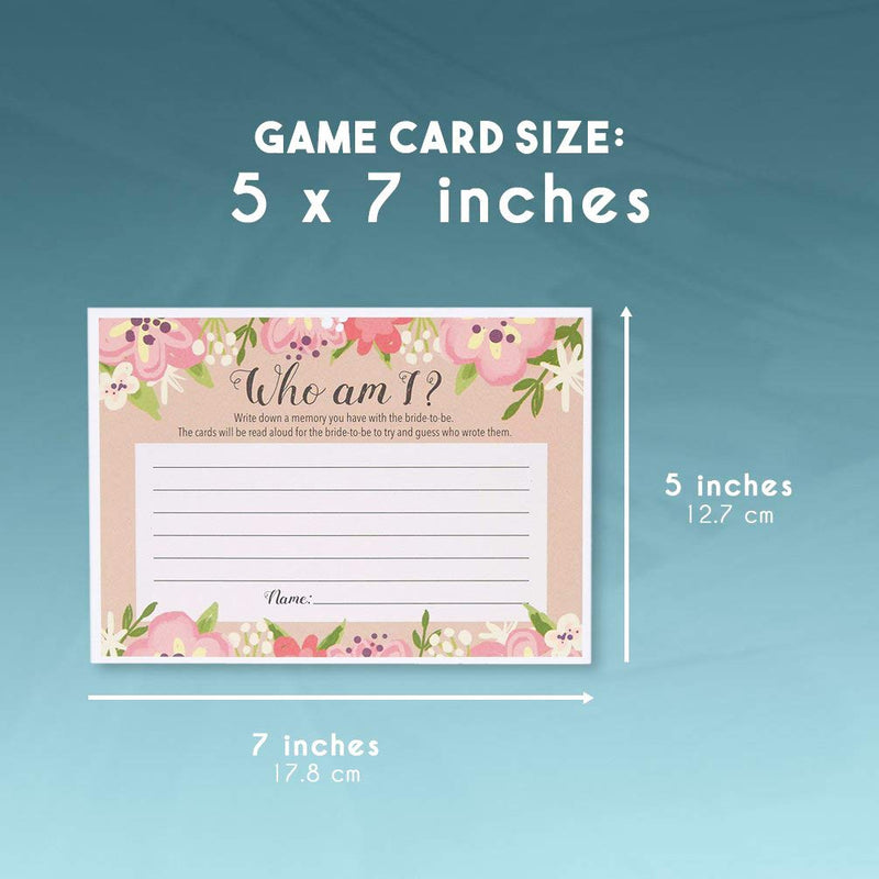 Floral Bridal Shower Who Am I Guessing Game, Rustic Bachelorette Party (50 Pack, 5 x 7 Inches)
