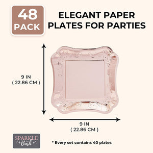 Rose Gold Party Supplies, 9 Inch Paper Plates (9 x 9 In, 48-Pack)