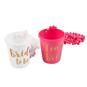 6-Pack Team Bride and Bride To Be Plastic Beaded Bridal Shot Glasses Necklaces - Perfect for Bachelorette, Hot Pink and White with Gold Font - 30.4 Inches Long