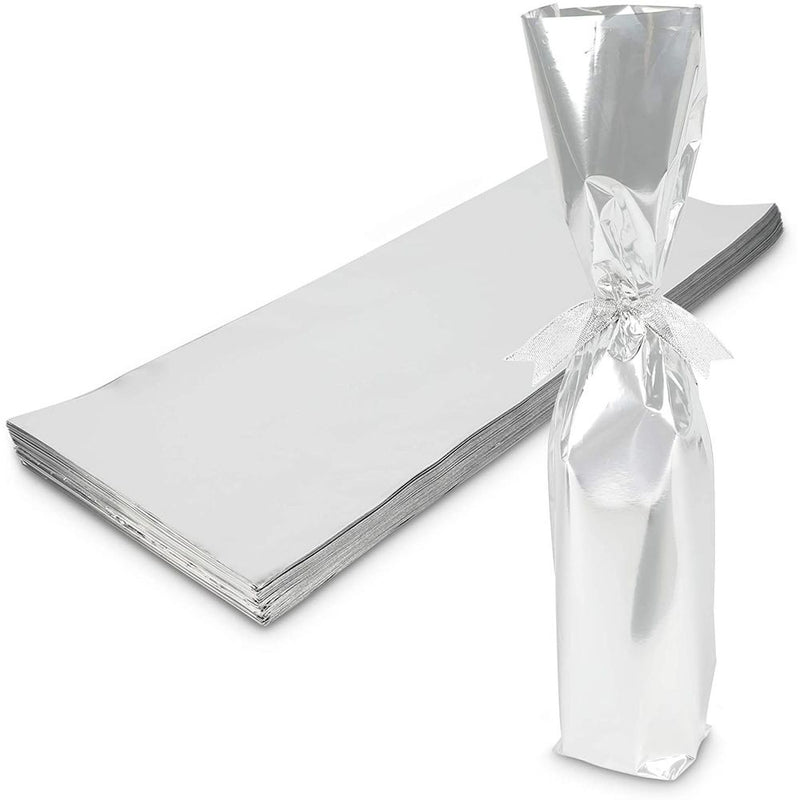 Sparkle and Bash Silver Foil Wine Bottle Gift Bags, Metallic Wraps (6.25 x 17.5 in, 100 Pack)