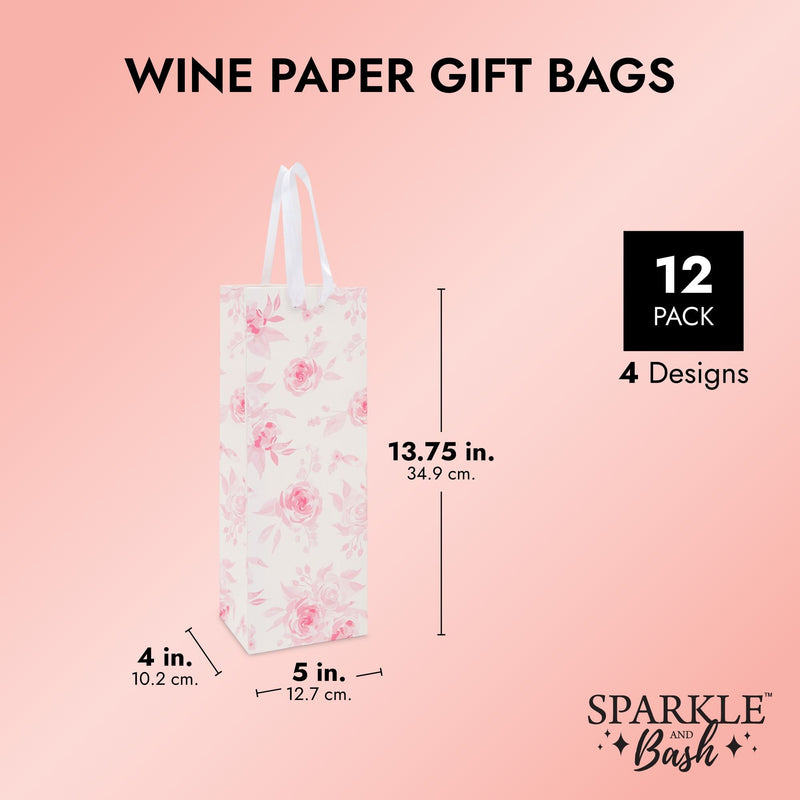 Champagne Wine Bottle Gift Bags for Bridal Shower and Weddings, 4 Designs (12 Pack)
