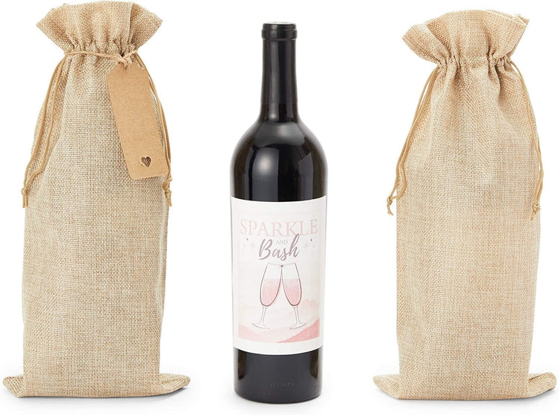 12 Pack Burlap Wine Bottle Gift Bags, Brown Reusable Drawstring Covers with Tags for Holiday, Birthday & House Warming, 14 x 6 in