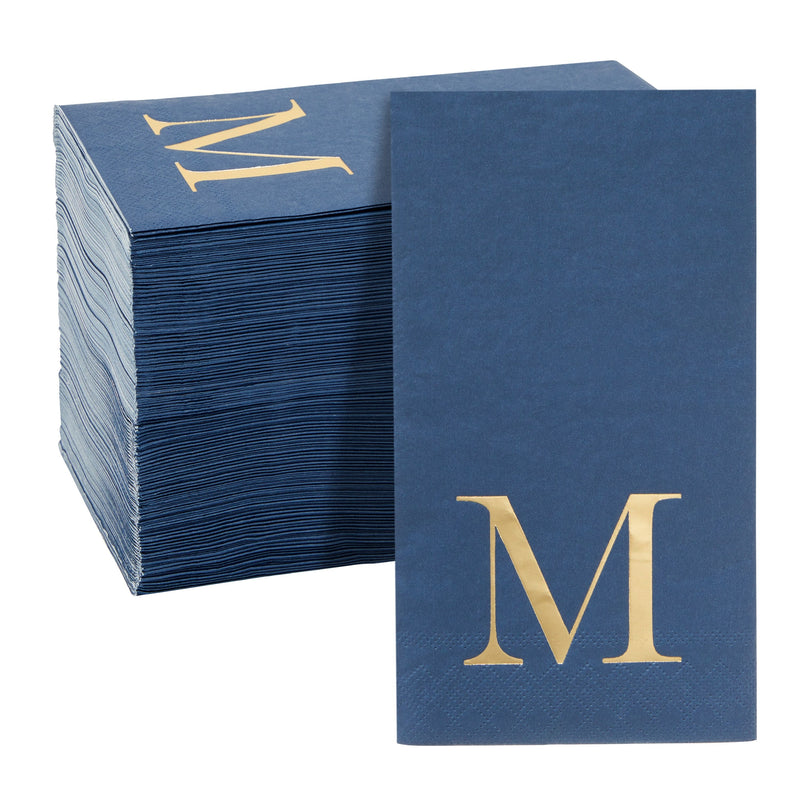 100 Pack Navy Blue Monogrammed Napkins with Letter M, Gold Foil Initial for Wedding Reception, Engagement Party (4x8 Inches)