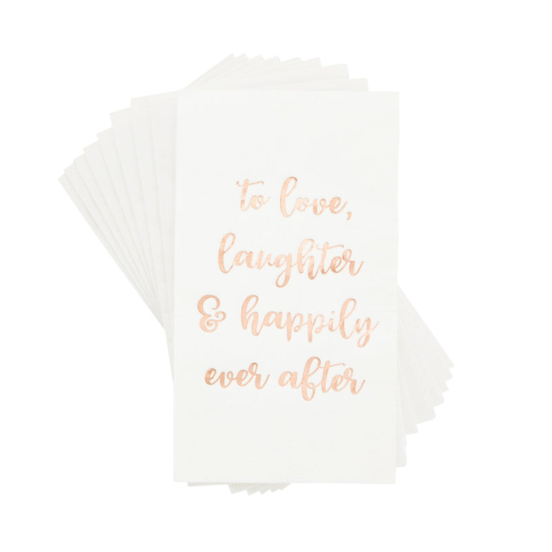 100 Pack Wedding Napkins with Gold Foil Lettering, To Love, Laughter and Happily Ever After (White, 4 x 8 In)