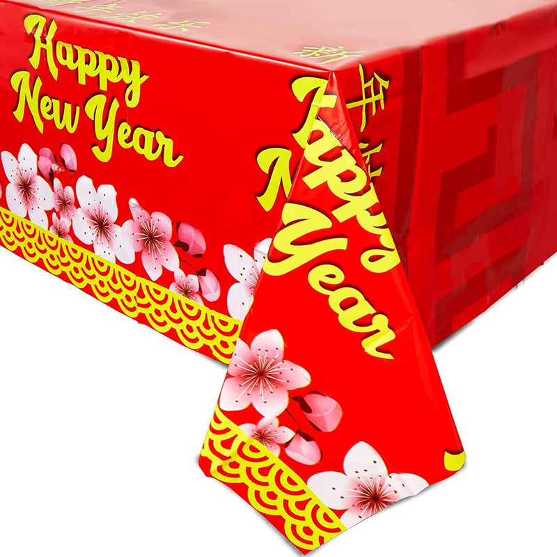 Chinese New Year Plastic Tablecloth with Cherry Blossoms (54x108 in, 3 Pack)