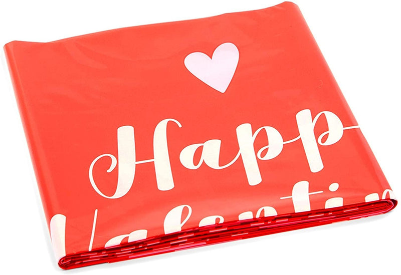 Tablecloth with White Hearts, Plastic Table Cover for Valentine (54 x 108 in, 3 Pack)