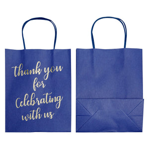 24-Pack 8x4x10-Inch Navy Blue Gift Bags with Gold Foil Script, Medium-Sized Thank You Bags with Handles and 24 Sheets White Tissue Paper