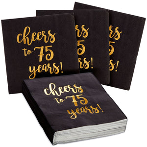 50 Pack Cheers to 75 Years Black and Gold Paper Cocktail Napkins for 75th Birthday Party Supplies, Table Decorations (5 x 5 in)