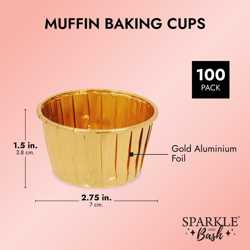 100-Pack Gold Aluminum Foil Cupcake Liners, 2.75x1.5-Inch Gold Colored Baking Cups for Muffins and Baked Desserts, Small Goodie Containers for Loose Nuts and Candies
