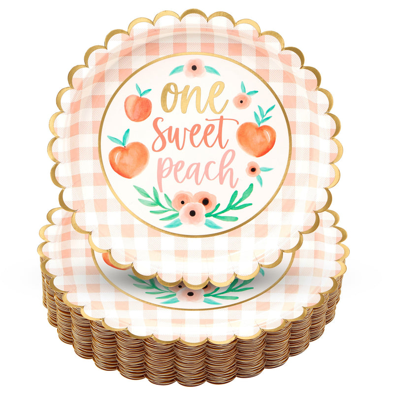 48 Pack One Sweet Peach Paper Plates for Birthday and Baby Shower Party Supplies (9 in)