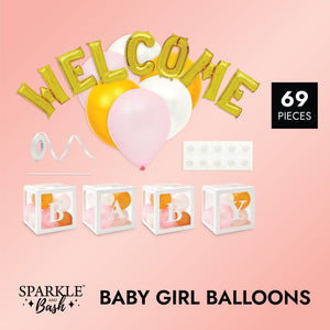 69 Pcs Clear Latex Balloon Boxes with Letters for Baby Girl Shower Decorations and Banner, Gender Reveal Party Supplies, Pink