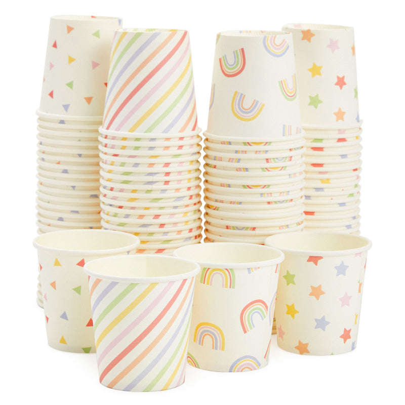 100 Pack Disposable Mini Paper Cups for Espresso, Mouthwash, Coffee (4oz, 4 Colorful Designs)