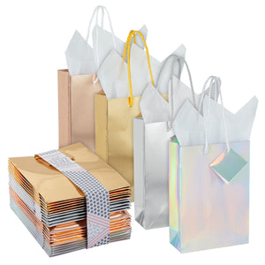 20-Pack Small Metallic Gift Bags with Handles, 5.5x2.5x7.9-Inch Paper Bags with Foil Coating, White Tissue Paper Sheets, and Tags for Small Business (4 Colors)