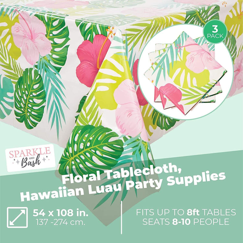 3 Pack Tropical Plastic Tablecloth, Hibiscus Floral Table Cover for Hawaiian Luau Party Supplies Decorations, 54" x 108"