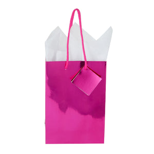 20-Pack Small Metallic Gift Bags with Handles, 5.5x2.5x7.9-Inch Paper Bags with Foil Coating, White Tissue Paper Sheets, and Tags for Small Business (Hot Pink)