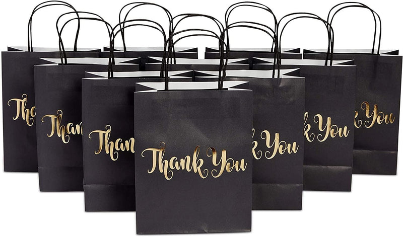 24 Pack Medium Black Thank You Party Favor Paper Goodie Gift Bags with Handles, Gold Foil