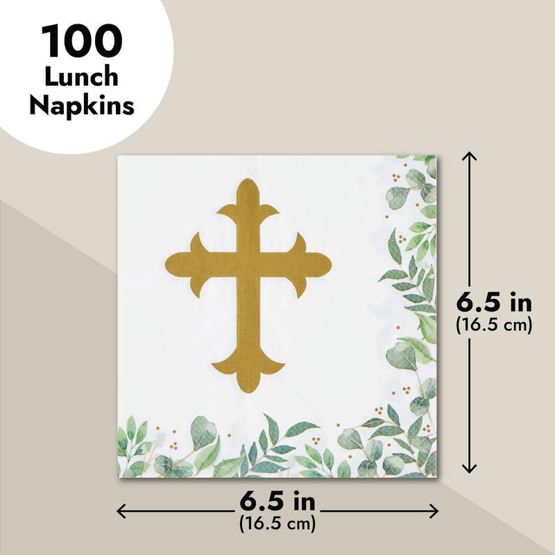 100 Pack Cross Napkins for Baptism, First Communion, Christening Decorations (6.5 x 6.5 In)