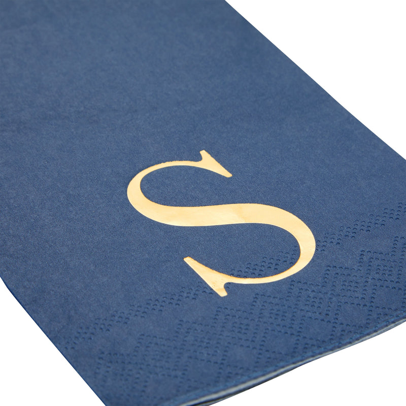 100 Pack Navy Blue Monogrammed Napkins with Letter S, Gold Foil Initial for Wedding Reception, Engagement Party (4x8 Inches)