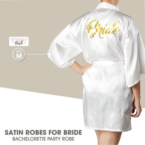 Sparkle and Bash White Satin Kimono Robe for Bride, Bachelorette Party Gifts (Medium)