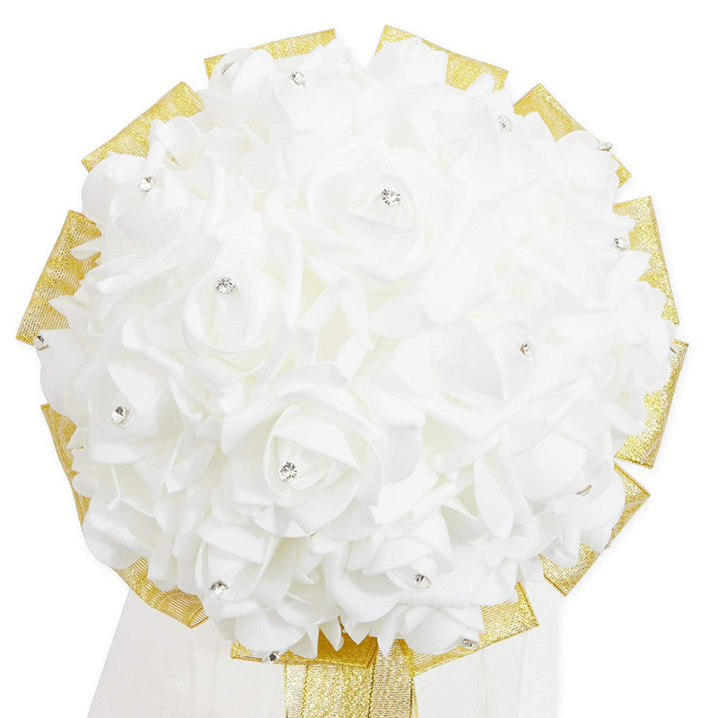 Fake Rose Wedding Bouquet with Rhinestones (White, Gold, 9 x 12 In)