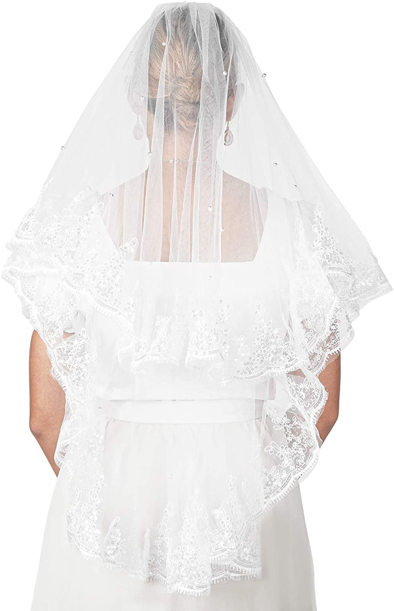 2 Tier Veil for Bride, White Lace Bridal Wedding Veil (34 In)