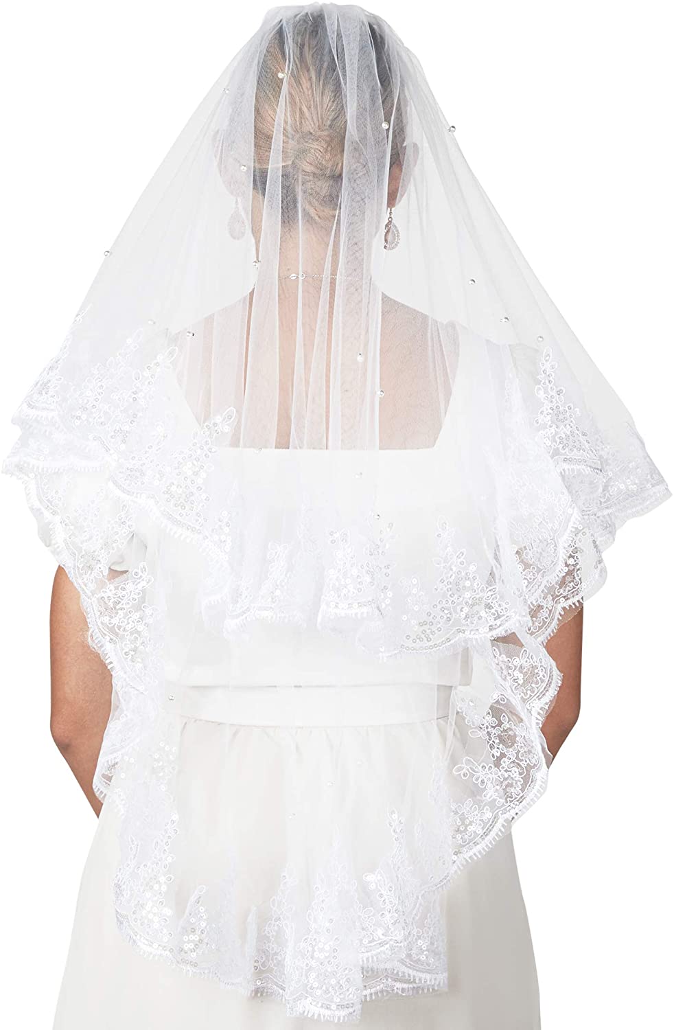 2 Tier Veil for Bride, Ivory Lace Bridal Veil for Wedding (34 Inches) –  Sparkle and Bash