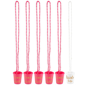 6-Pack Team Bride and Bride To Be Plastic Beaded Bridal Shot Glasses Necklaces - Perfect for Bachelorette, Hot Pink and White with Gold Font - 30.4 Inches Long