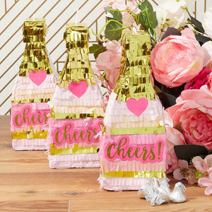 Mini Champagne Bottle Pinatas for Bachelorette Party (8 x 3.25 in, Pink with Gold Foil, 3 Pack)