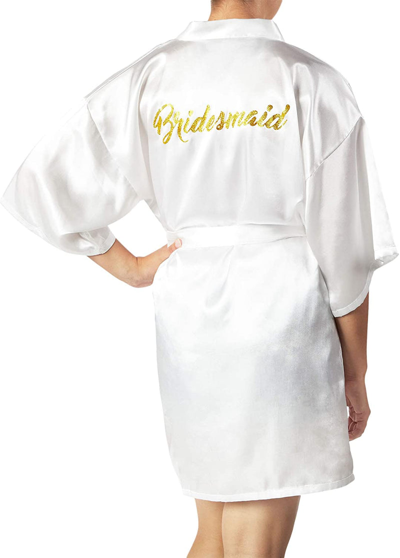 Sparkle and Bash White Satin Kimono Robes for Bridesmaid, Bachelorette Party Gift (Medium)