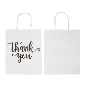 50 Pack Medium White Thank You Paper Bags with Handles for Wedding, Baby Shower, Boutique (10x8x4 In)