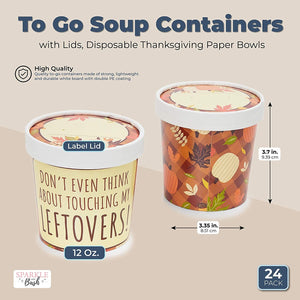 Thanksgiving Soup Containers with Lids, Paper To-Go Cups (12 Ounces, 24 Pack)