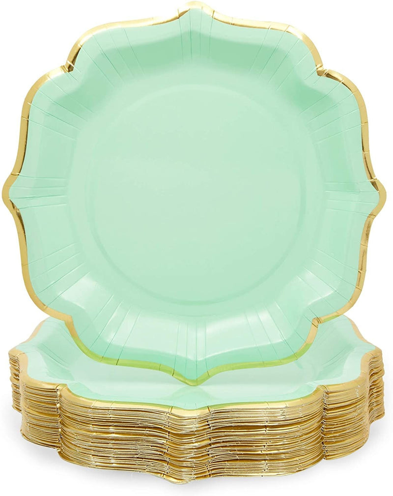 48-Pack Mint Green Paper Plates with Scalloped Edge for Birthday Party (9 in)