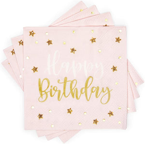 Pink Happy Birthday Party Napkins with Gold Foil Stars (5 In, 50 Pack)