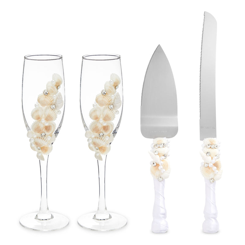 4 Piece Cake Knife and Server Set with Seashell Champagne Glasses for Beach Wedding Decorations