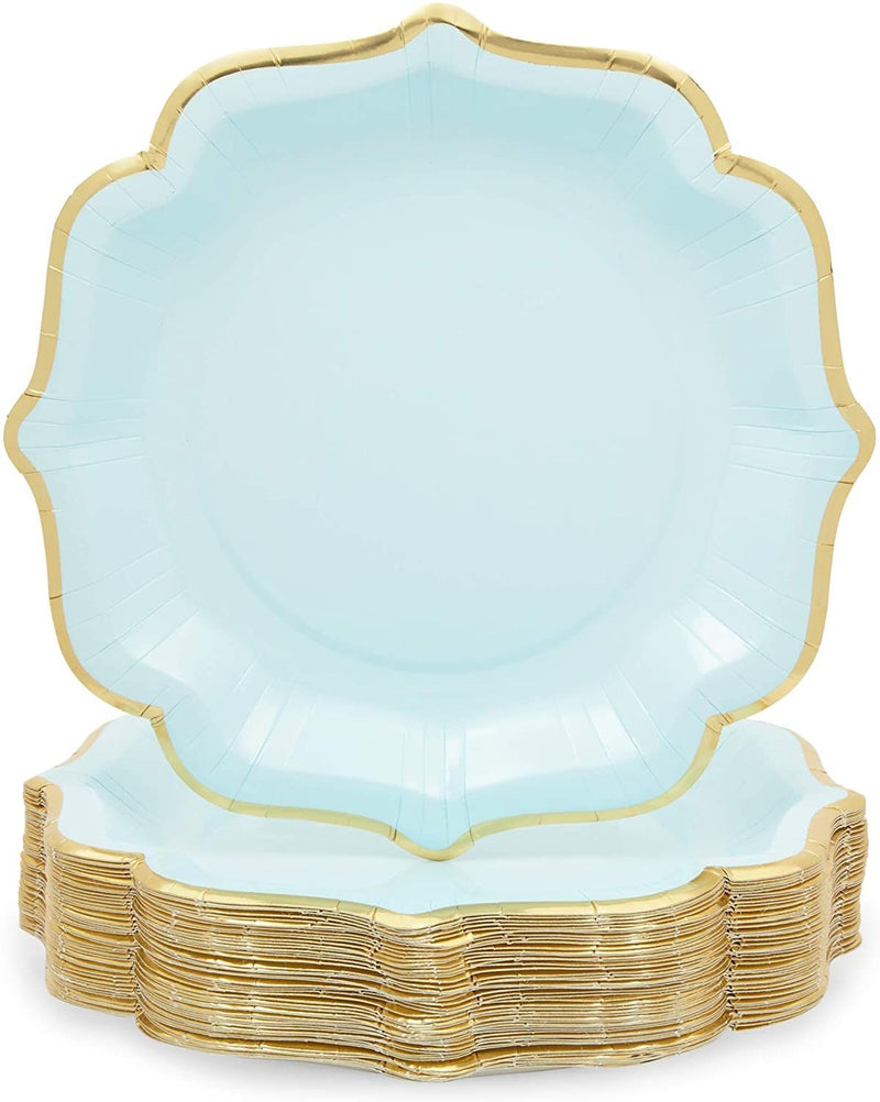 Light Blue Paper Party Plates with Gold Foil Scalloped Edging (9 In, 48 Pack)