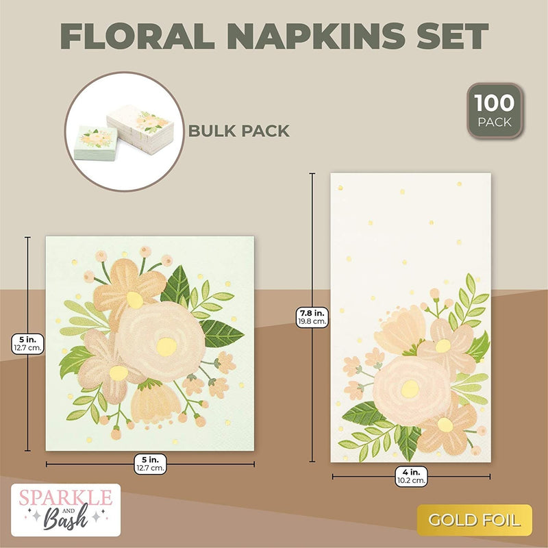 Floral Paper Napkins for Wedding, Bridal Shower (2 Sizes, 100 Pack)